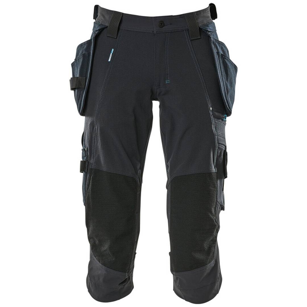 Schwarze Arbeitshosen aus Cargo-Material mit verstärkten Knien, mehreren Taschen und Seitengurten, Vorderansicht auf weißem Hintergrund.