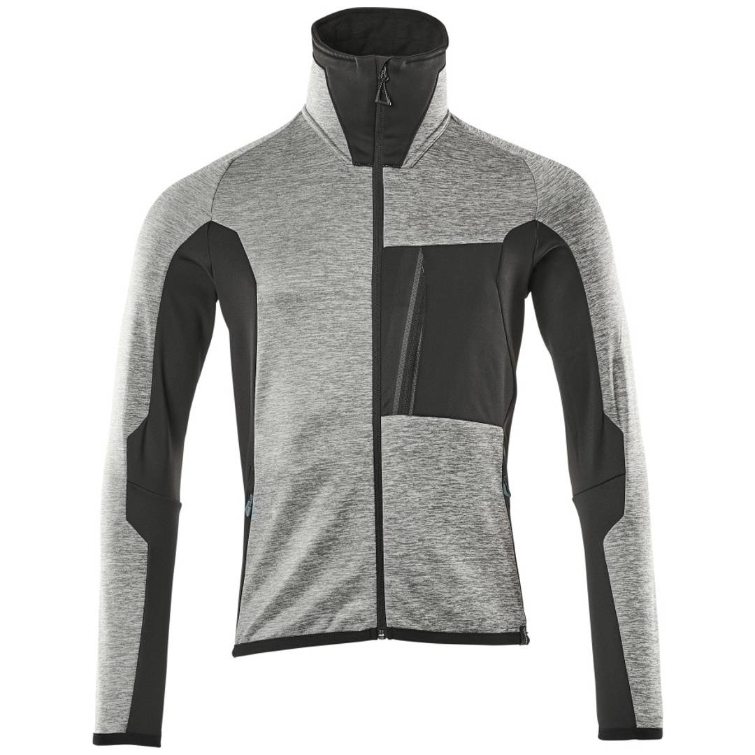 Grau-schwarze Trainingsjacke mit Reißverschluss, hohem Kragen, langen Ärmeln und Brusttasche, Vorderansicht auf weißem Hintergrund