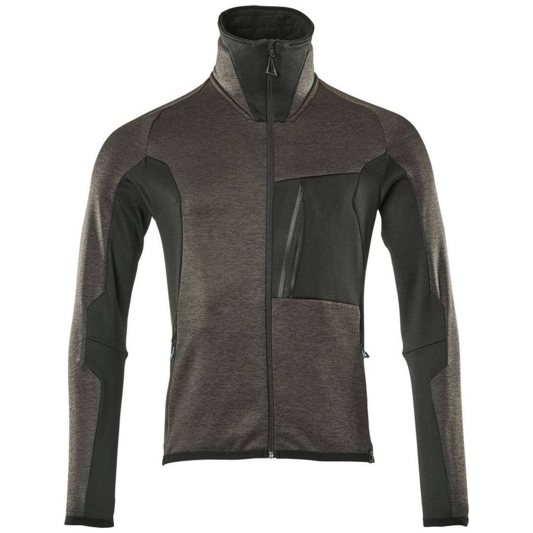 Dunkelgrau und schwarze Trainingsjacke mit Reißverschluss, hohem Kragen, langen Ärmeln und einer Brusttasche, Vorderansicht auf weißem Hintergrund.