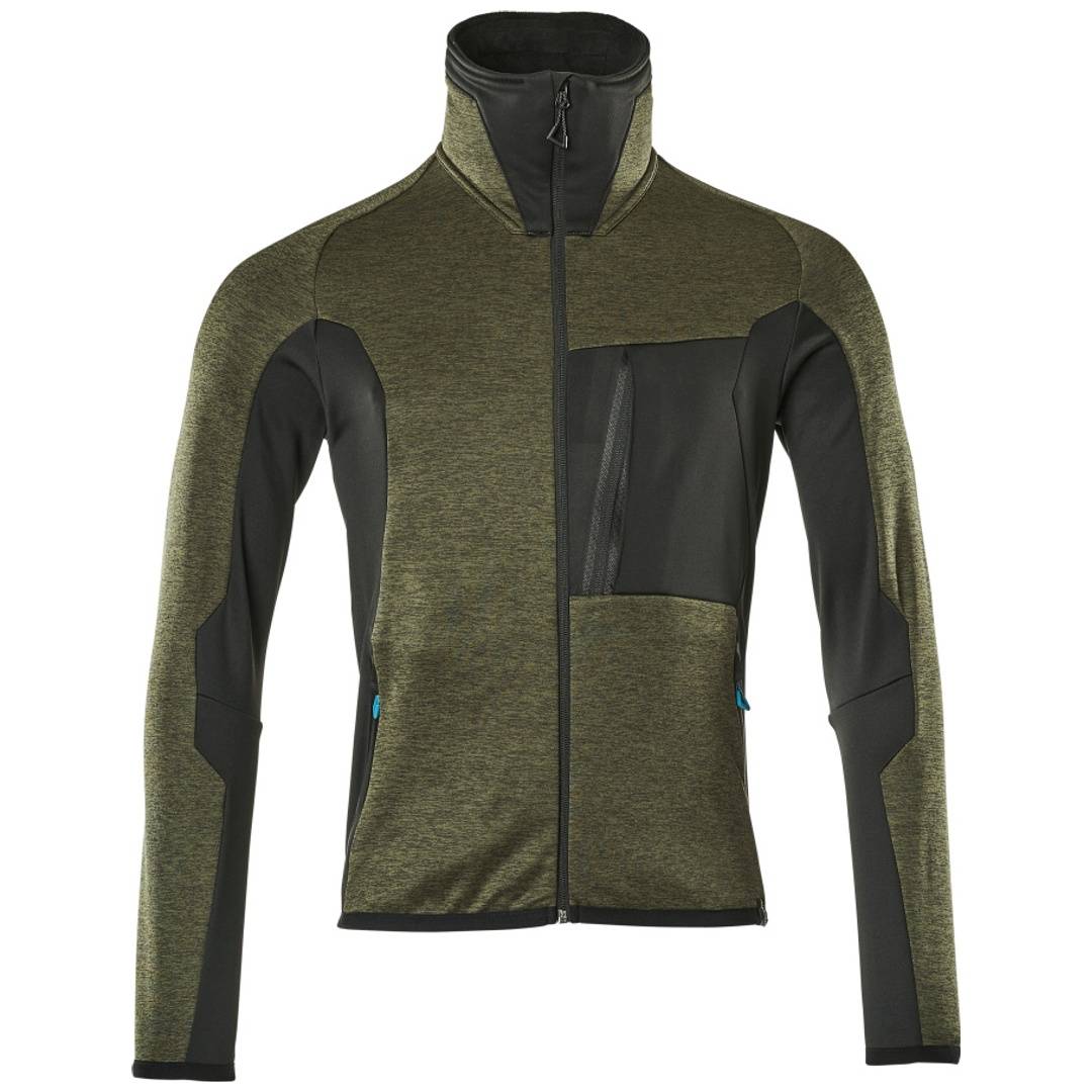 Oliven- und schwarze Jacke mit Reißverschluss, hohem Kragen, langen Ärmeln und Brusttasche, von vorne auf einfachem Hintergrund gezeigt.