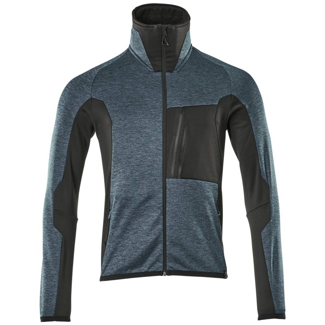 Blauschwarze Reißverschluss-Sportjacke mit hohem Kragen, langen Ärmeln und Brusttasche auf weißem Hintergrund.