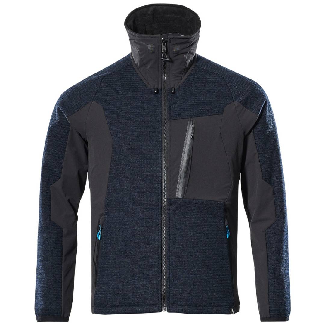 Dunkelblau und schwarze Reißverschluss-Frontjacke mit hohem Kragen, Brusttasche mit Reißverschluss und Seitentaschen, gezeigt vor weißem Hintergrund.