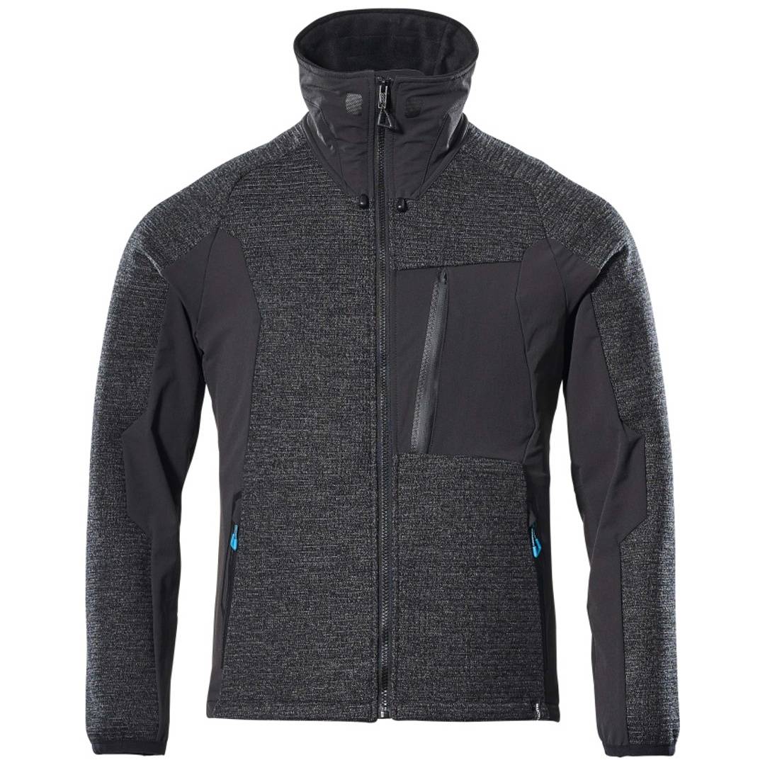 Dunkelgrau Outdoor-Jacke mit Reißverschluss, hohem Kragen, Brust-Reißverschlusstasche und blauen Reißverschlussdetails auf weißem Hintergrund.