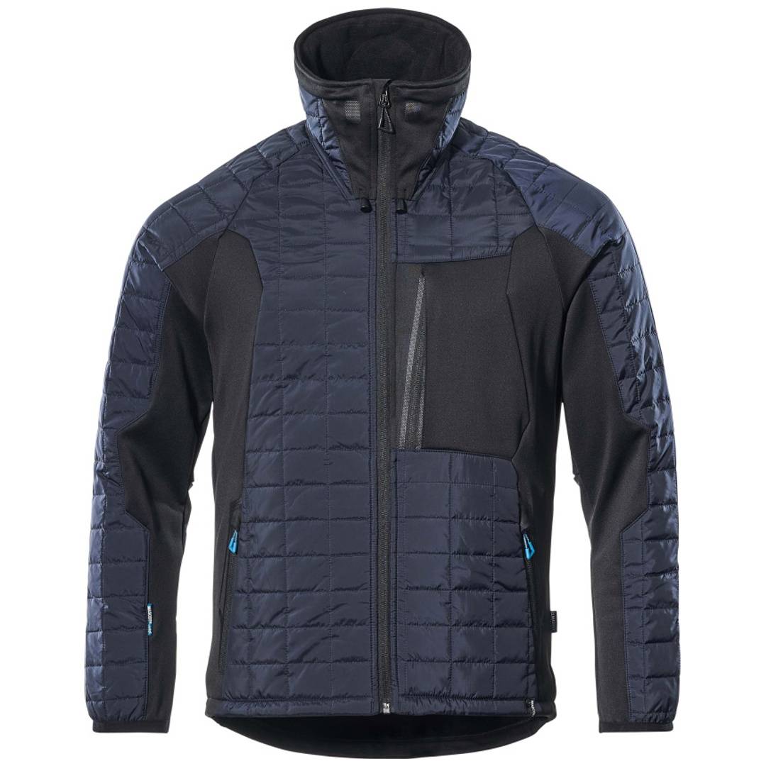 Dunkelmarineblauer und schwarzer Steppjacke mit Reißverschluss, gesteppten Paneelen und hochem Kragen, Vorderansicht auf weißem Hintergrund.