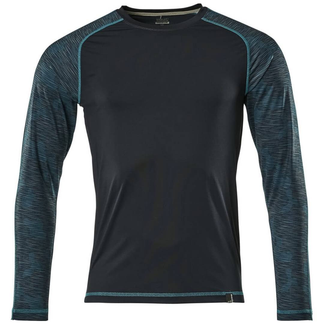 Schwarzes langärmeliges Sportshirt mit strukturierten Ärmeln und Besätzen in Teal, in Vorderansicht auf weißem Hintergrund dargestellt.