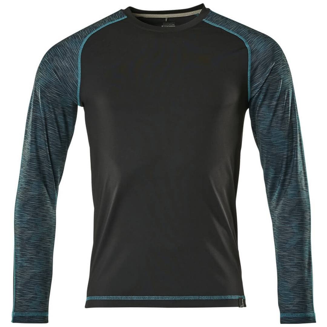 Schwarzes Langarm-Sportshirt mit strukturierten blauen Ärmeln und Schulterkante, Vorderansicht auf weißem Hintergrund.