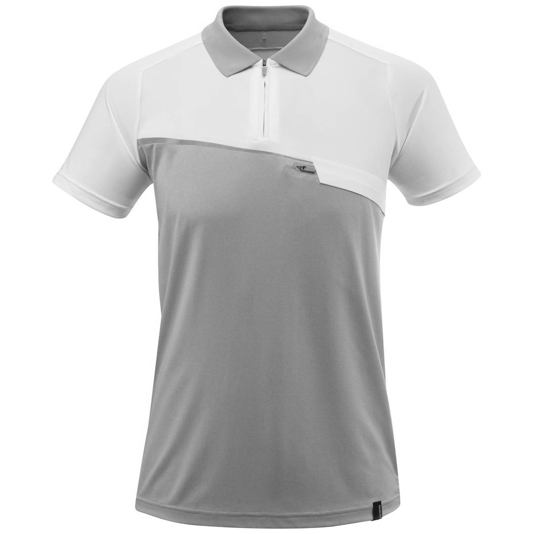 Grau-weißes Poloshirt mit kurzen Ärmeln, Reißverschluss-Kragen und diagonalem Farbblock-Design auf einfachem Hintergrund.