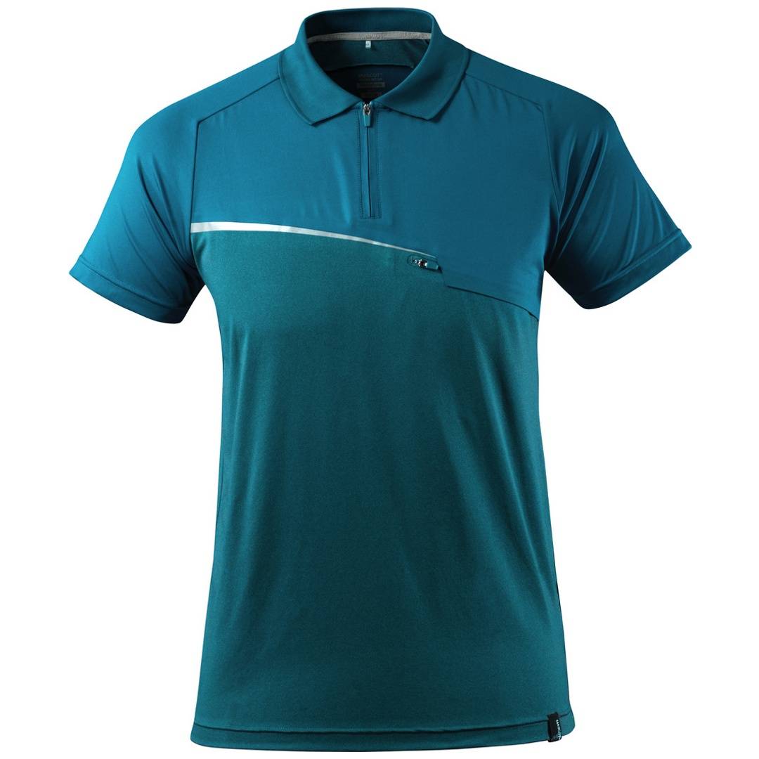 Teagrünes Kurzarm-Poloshirt mit Reißverschluss-Kragen und weißem diagonalen Akzent, Vorderansicht auf weißem Hintergrund.
