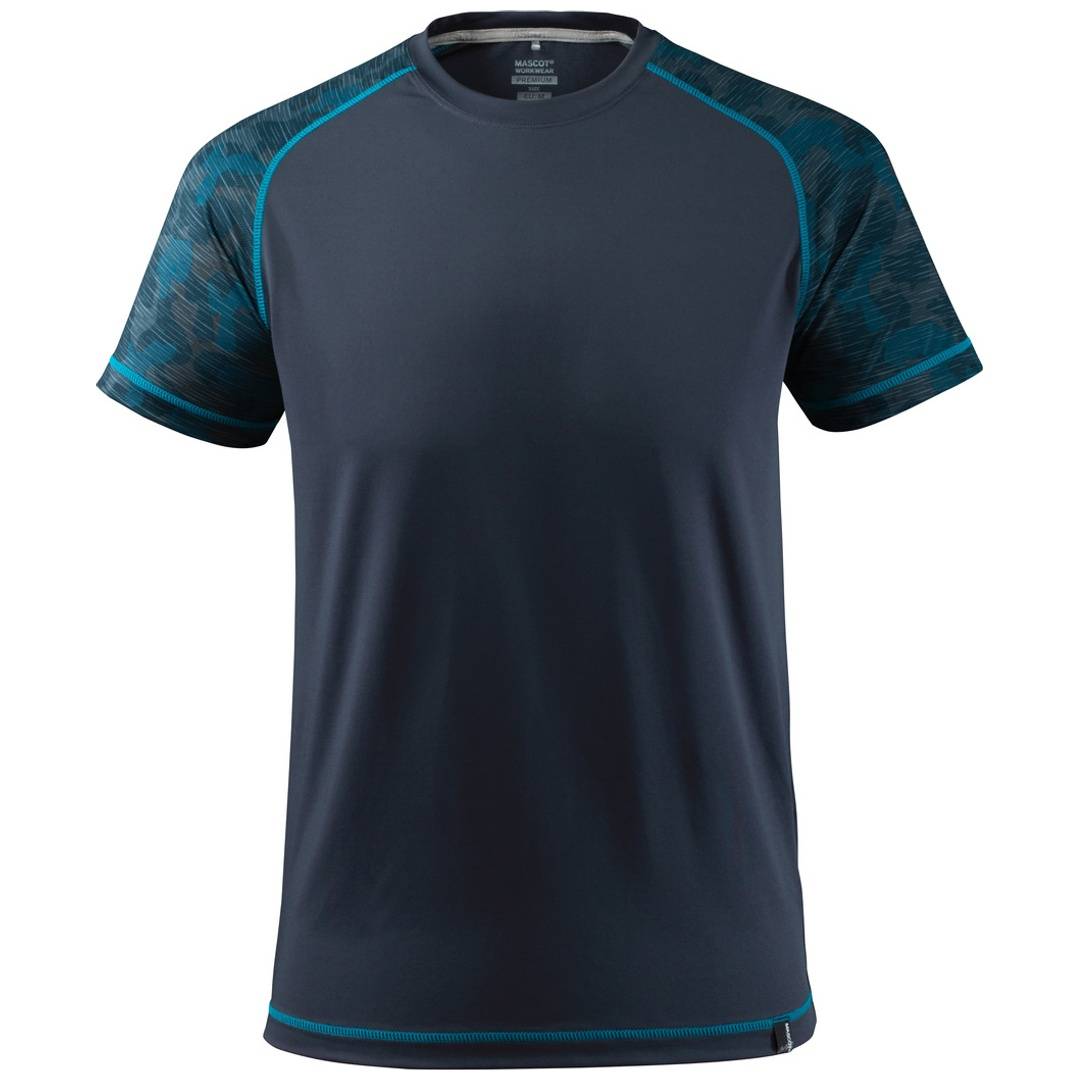Dunkelmarineblaues Athletic-T-Shirt mit gemusterten Ärmeln und Besätzen in Blaugrün, Vorderansicht auf weißem Hintergrund.