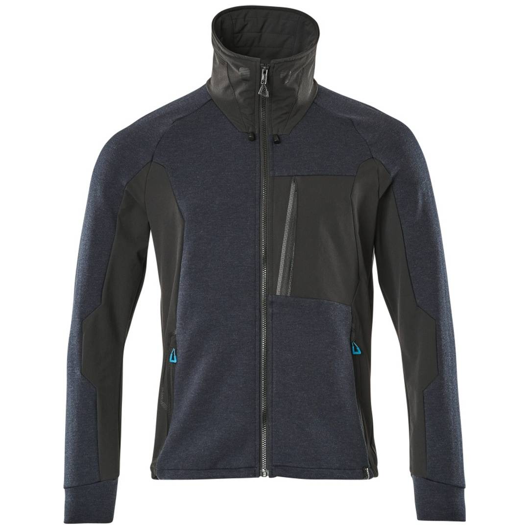 Dunkelblauer und schwarzer Reißverschluss-Outdoor-Jacke mit hohem Kragen, Brust- und Seitentaschen, Vorderansicht auf weißem Hintergrund dargestellt.