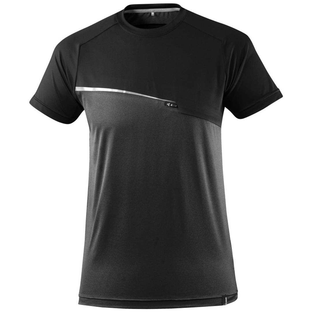 Schwarzes und graues ärmellos athletisches T-Shirt mit diagonalem Brustpanel und kleinem Logo-Detail auf einfachem Hintergrund.