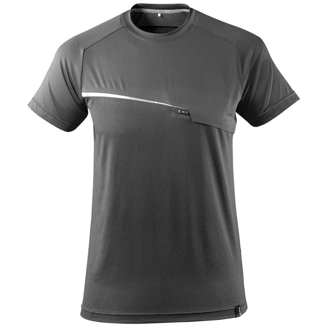 Dunkelgraues ärmellos Athletik-T-Shirt mit diagonalem Brustfeld und weißem Streifen, frontal auf weißem Hintergrund abgebildet.