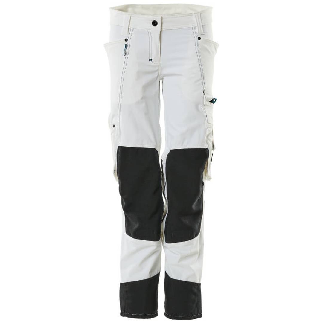 Weiße und schwarze Outdoor-Hosen mit verstärkten Kniepartien und Reißverschlusstaschen, Vorderansicht auf neutralem Hintergrund.
