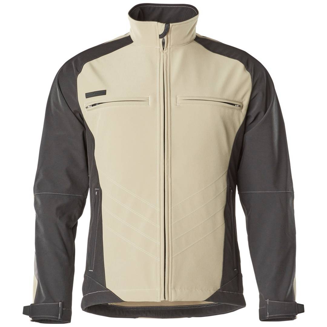 Beige und dunkelgraue Steppjacke mit hohem Kragen, vorderen Brusttaschen und langen Ärmeln, gezeigt vor einem weißen Hintergrund.