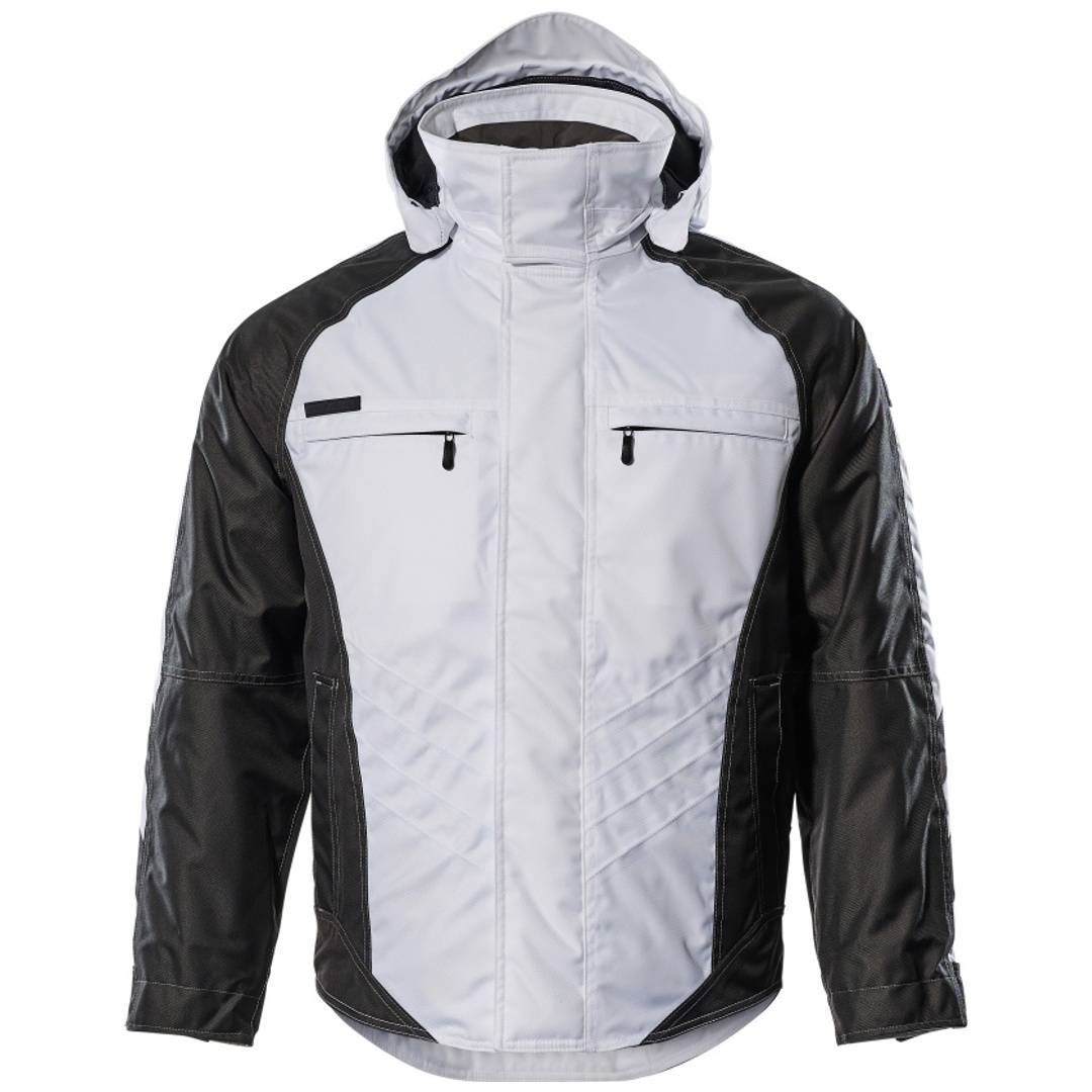 Hellgraue und schwarze Winterjacke mit Kapuze und Frontverschluss, zwei Brusttaschen und kontrastierenden Ärmeln auf weißem Hintergrund.