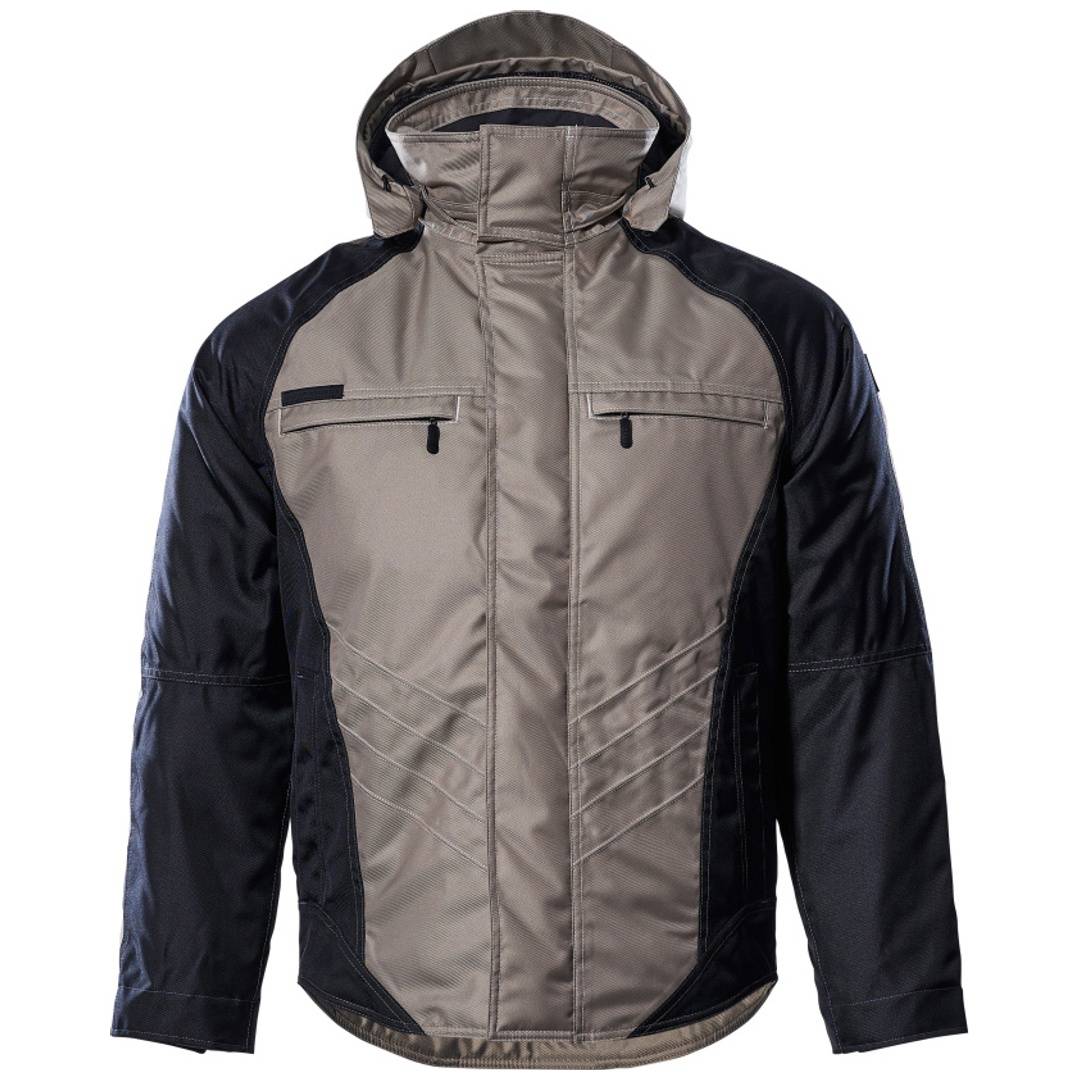 Grau-schwarze Kapuzenjacke mit Reißverschluss und mehreren vorderen Taschen, frontal auf weißem Hintergrund dargestellt.
