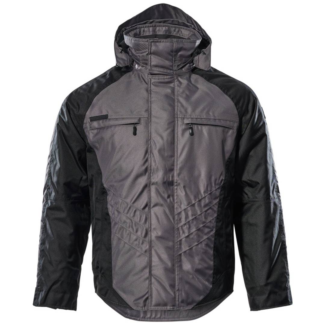 Grauer und schwarzer Kapuzenblouson mit Reißverschluss und vorderen Brusttaschen, Vorderansicht auf weißem Hintergrund.