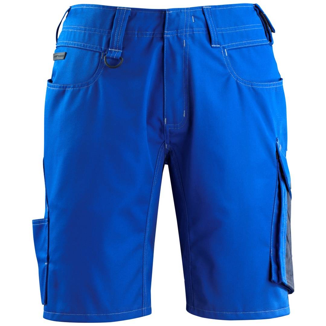 Blaue Cargo-Shorts mit mehreren Taschen und Reißverschluss-Fliege, in Vorderansicht auf weißem Hintergrund gezeigt.