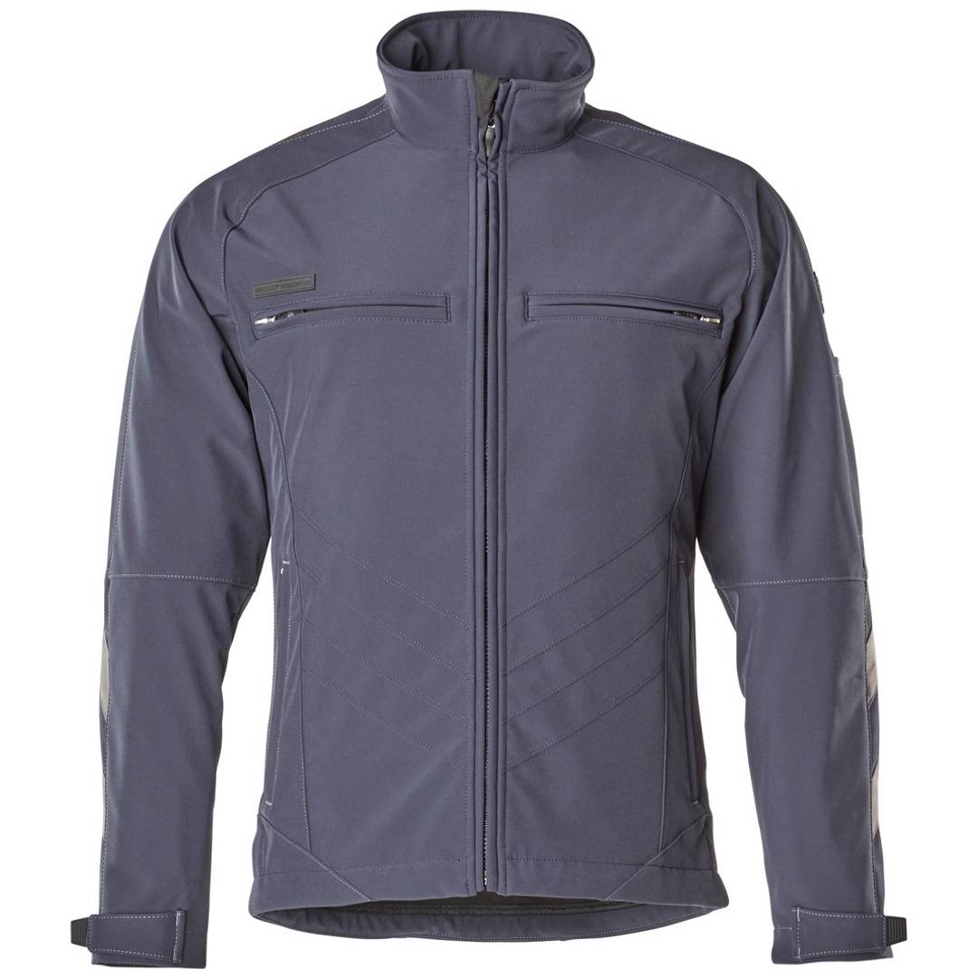 Graue Steppjacke mit hochstehendem Kragen, Brust- und Ärmeltaschen, Vorderansicht auf weißem Hintergrund.