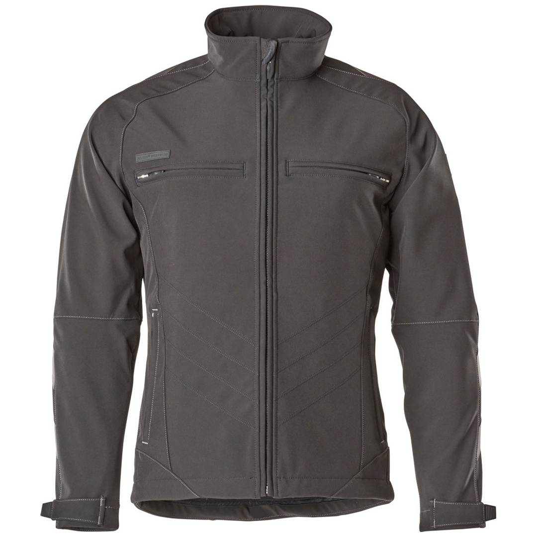 Dunkelgraue Steppjacke mit Reißverschluss, Stehkragen, langen Ärmeln und mehreren Vordertaschen mit Reißverschluss, auf weißem Hintergrund dargestellt.
