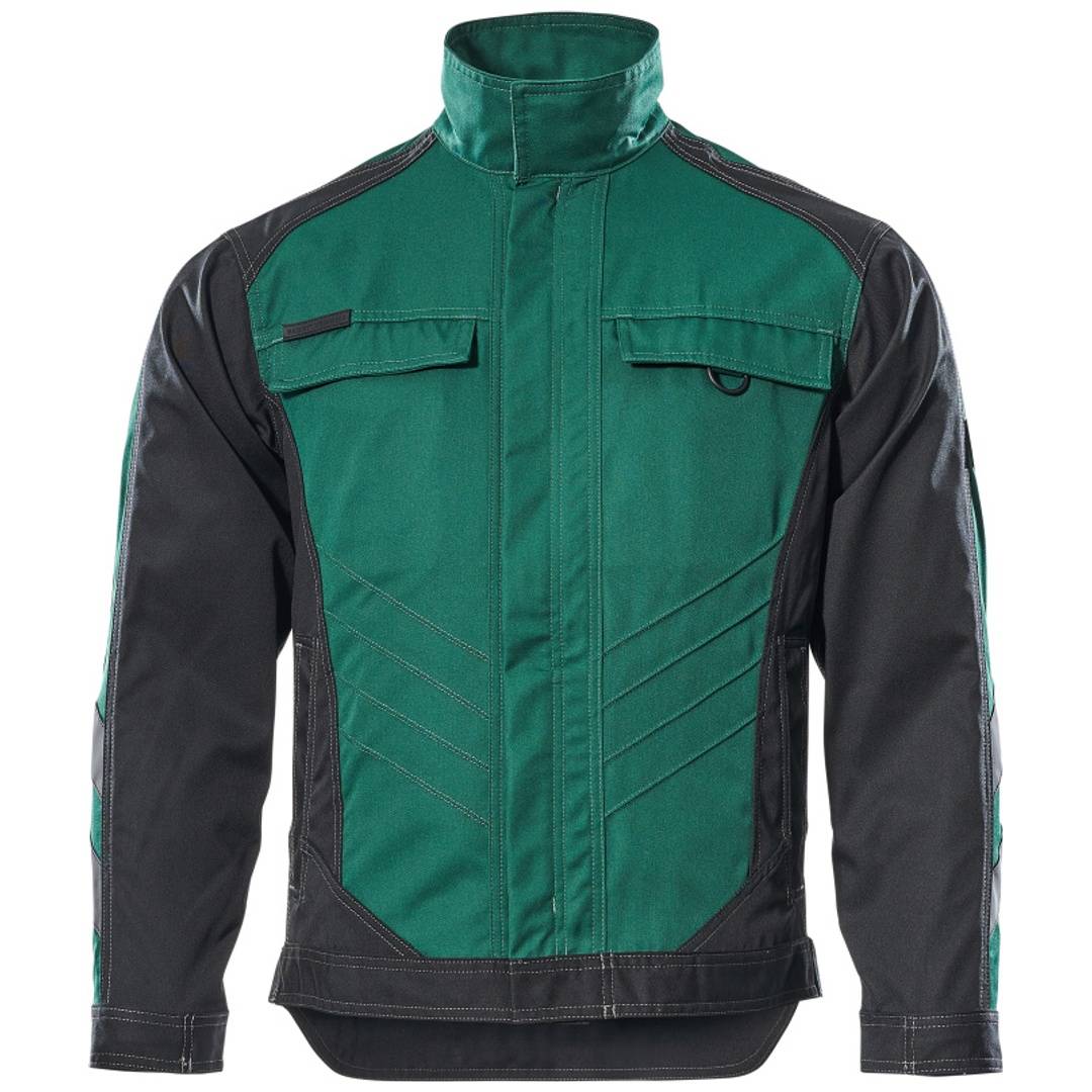 Grüne und schwarze Arbeitsjacke mit hohem Kragen, vorderen Taschen und langen Ärmeln, vor weißem Hintergrund dargestellt.