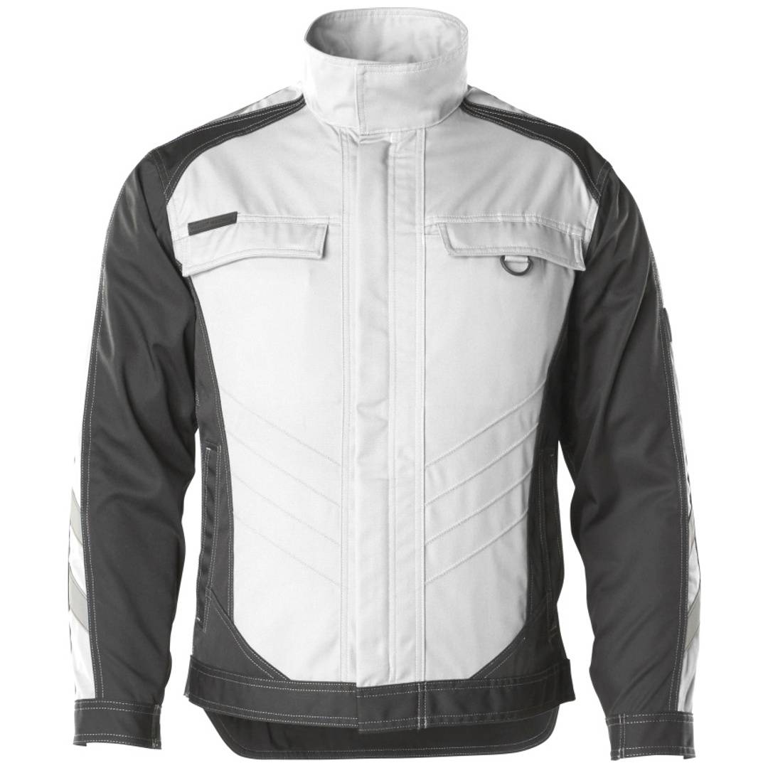 Hellgraue und schwarze Reißverschlussjacke mit hohem Kragen, Brusttaschen und reflektierendem Streifen an den Ärmeln und auf dem Rücken.