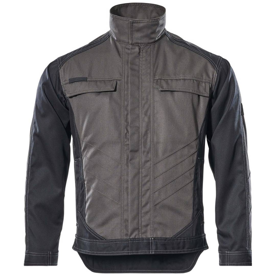Grau-schwarze Motorradjacke mit hohem Kragen, Frontreißverschluss, Brusttaschen und langen Ärmeln auf weißem Hintergrund.