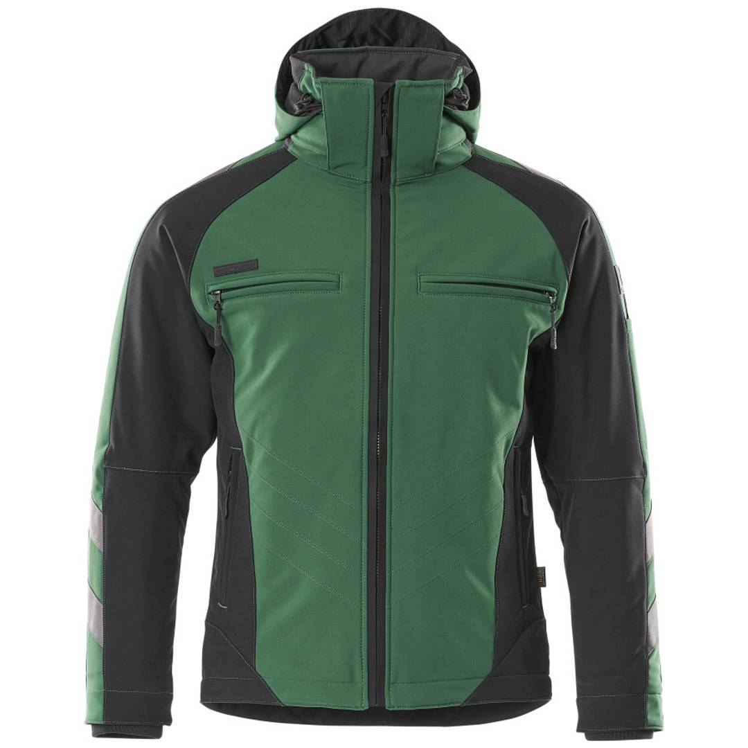 Grüne und schwarze Reißverschluss-Kapuzenjacke mit vorderen Brusttaschen, gezeigt auf einfachem weißem Hintergrund.