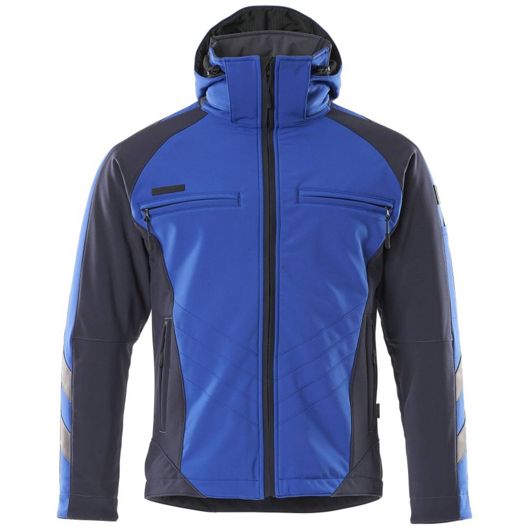 Blauer und schwarzer Kapuzenzipjacke mit Brusttaschen, Vorderansicht auf weißem Hintergrund.