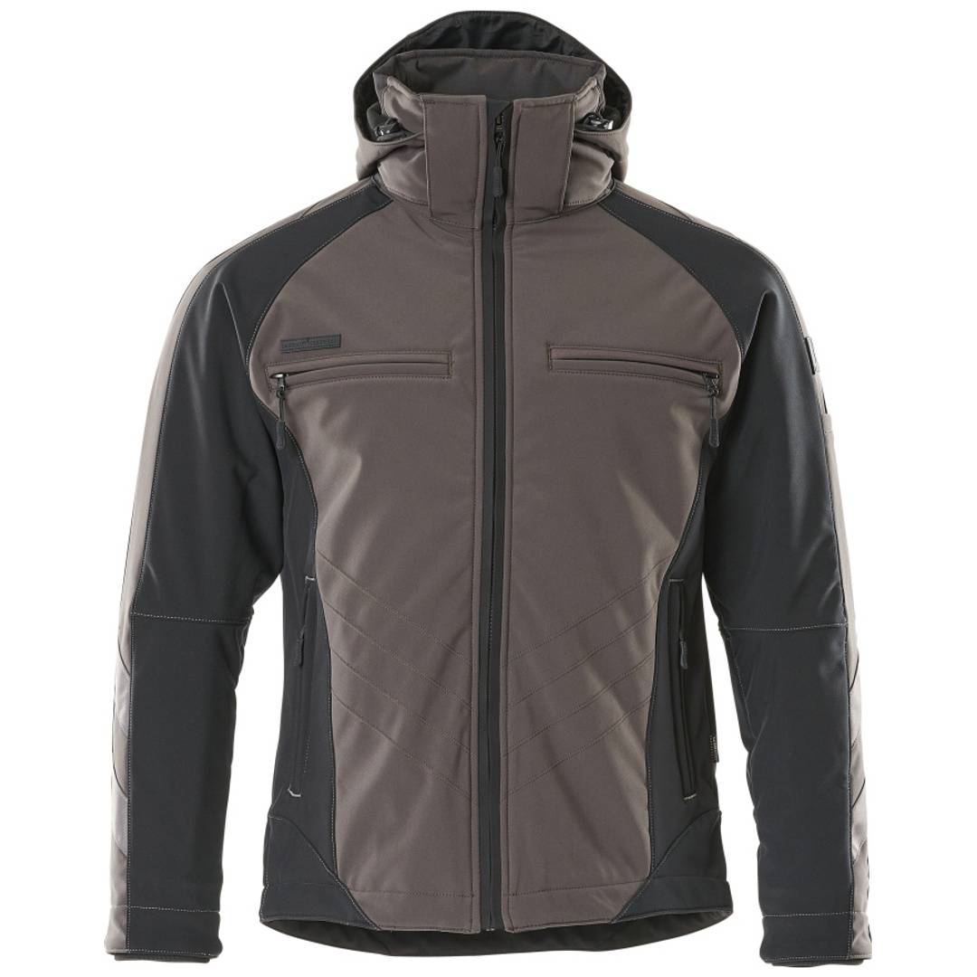 Grau-schwarze Kapuzenjacke mit Reißverschluss, mit Brust- und Seitentaschen, Vorderansicht auf weißem Hintergrund dargestellt.