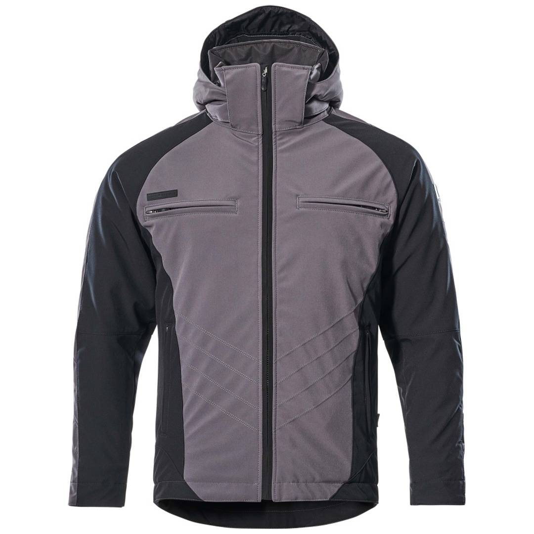 Graue und schwarze Jacke mit Kapuze und durchgehendem Frontreißverschluss, zwei Brusttaschen und gesteppten vorderen Paneelen, gezeigt auf weißem Hintergrund.