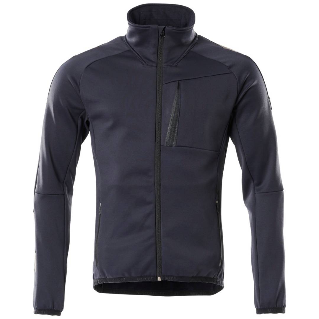 Dunkelmarineblaue Jacke mit durchgehendem Reißverschluss, hohem Kragen, langen Ärmeln und einer Brusttasche mit Reißverschluss, Vorderansicht auf neutralem Hintergrund.