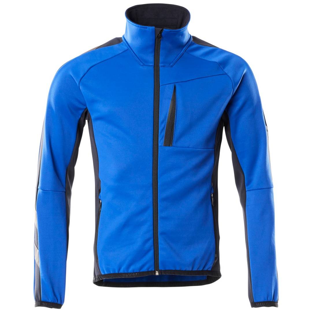 Blaue Herren-Reißverschlussjacke mit schwarzen Seitenpaneelen, hohem Kragen, Brusttasche und langen Ärmeln auf weißem Hintergrund.