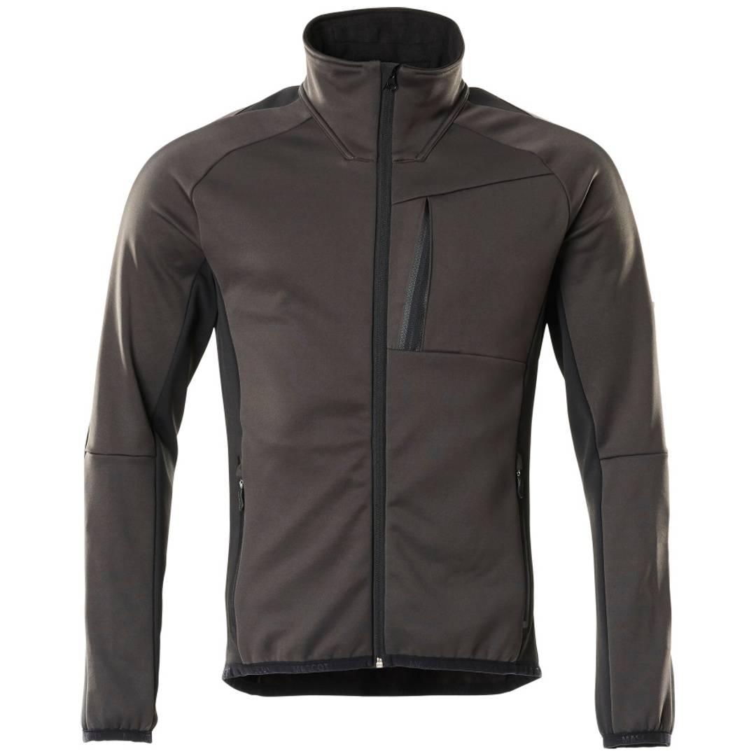 Dunkelgraue Sportjacke mit Reißverschluss, hohem Kragen, langen Ärmeln und einer Brusttasche auf weißem Hintergrund