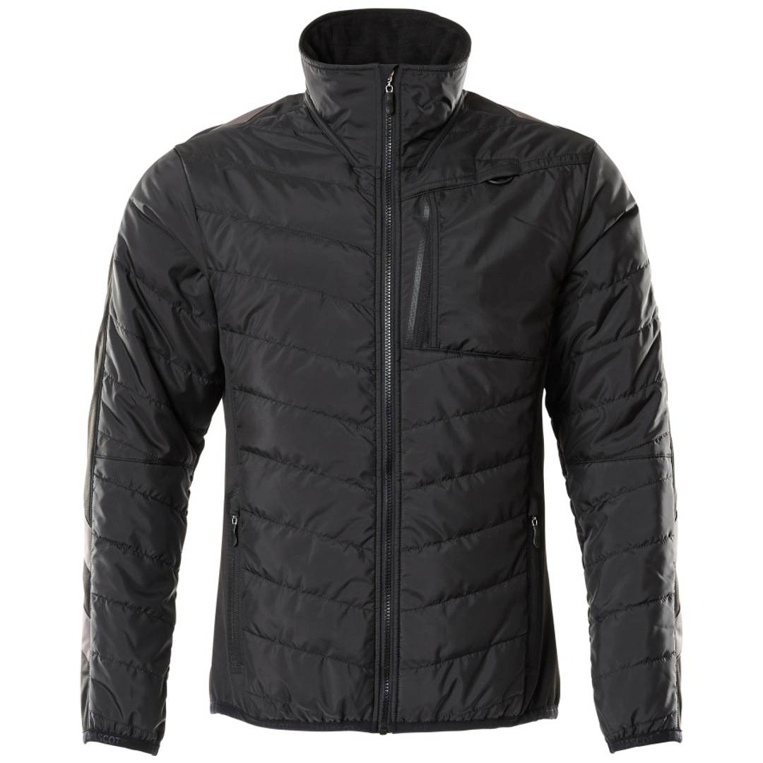 Schwarze Steppjacke mit Reißverschluss vorne und hohem Kragen, shown front view auf weißem Hintergrund.
