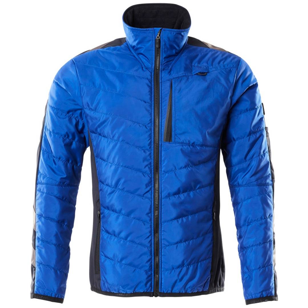 Blauer durchgehendes Reißverschluss-Daunenjacke mit schwarzen Seitenpanels, hohem Kragen und Brusttasche auf einfachem weißem Hintergrund.