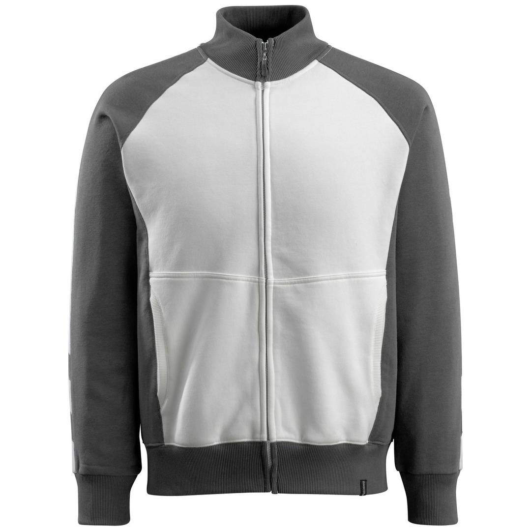 Grau und weiße Trainingsjacke mit Reißverschluss, dunklen Ärmeln und hohem Kragen, von vorne auf neutralem Hintergrund gezeigt.