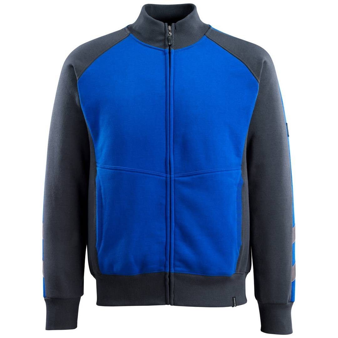 Blau-dunkelgraue Reißverschluss-Sportjacke mit hohem Kragen und langen Ärmeln, Vorderansicht auf einfachem weißem Hintergrund.