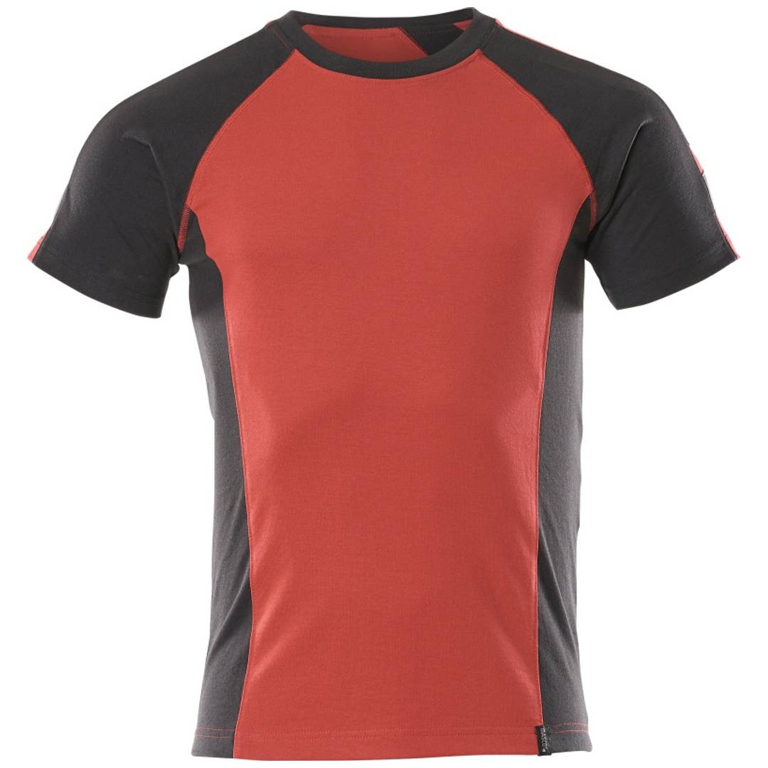 Rotes und schwarzes ärmelloses Athletic-T-Shirt mit Raglan-Stil schwarzen Ärmeln und enganliegendem Rundhalsausschnitt, gezeigt auf weißem Hintergrund.