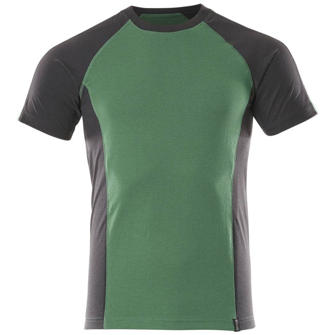 Kurzarm-T-Shirt mit grünem Vorderteil und dunkelgrauen Ärmeln und Schultern, gezeigt vor einem einfachen weißen Hintergrund.