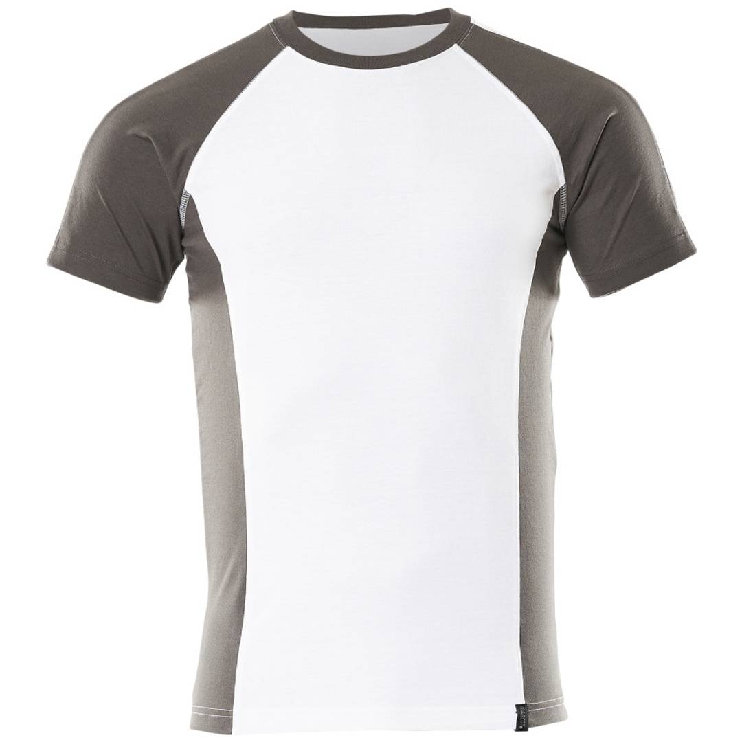 Weiß und grau kariertes Raglan-Sportshirt mit kurzen Ärmeln, dunkle graue Ärmel und Seitenpaneele