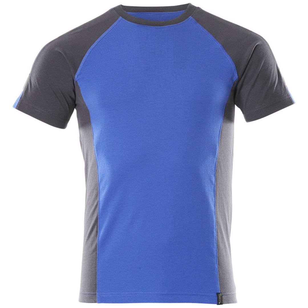 Kurzärmeliges Sport-T-Shirt mit blauer Vorderseite und grauen Ärmeln und Seitentei len, gezeigt auf einfachem weißen Hintergrund.