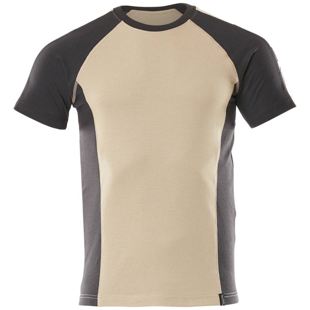 Beiges und dunkelgraues Kurzarm-Raglan-T-Shirt auf weißem Hintergrund.