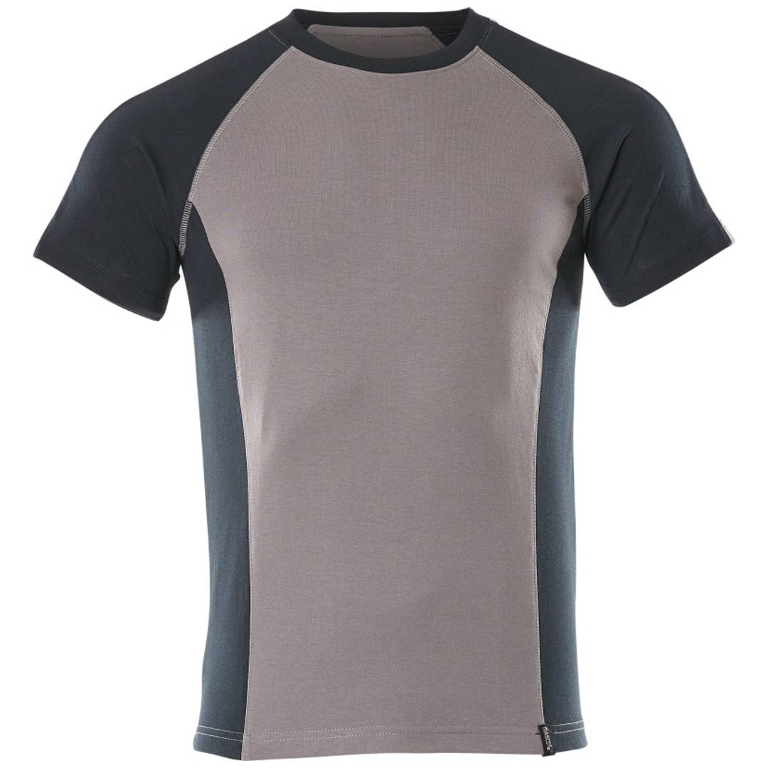 Ärmelloses Athletic-T-Shirt in Grau mit schwarzen Raglanärmeln und Seitenpaneelen, Vorderansicht auf weißem Hintergrund gezeigt.