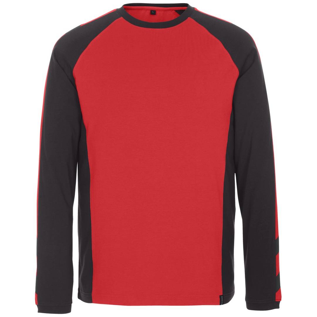 Rotes und schwarzes Langarm-Raglan-Shirt in Vorderansicht auf einfachem Hintergrund dargestellt.