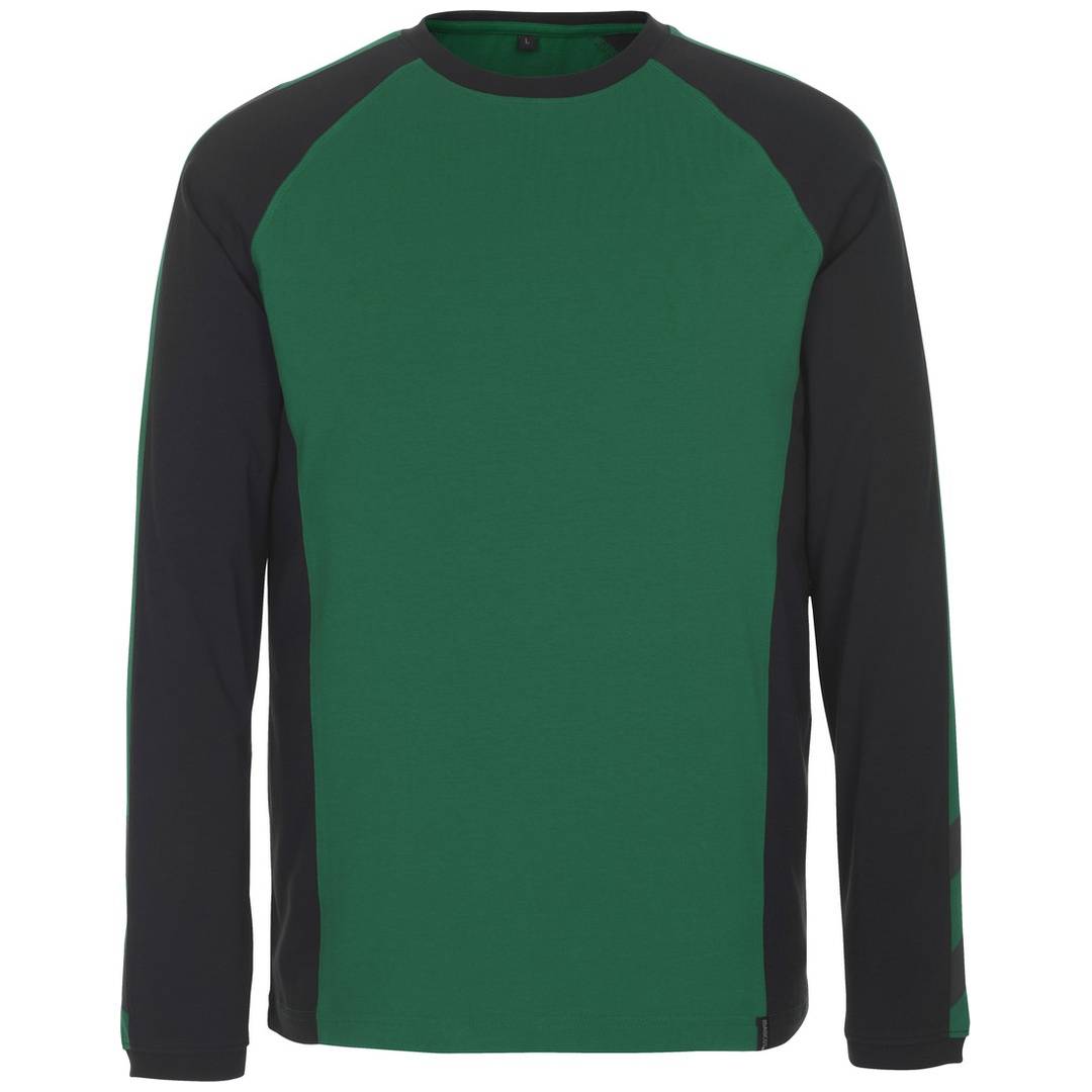 Grünes Langarmshirt mit schwarzen Ärmeln und Schultern, Vorderansicht auf einfachem Hintergrund.