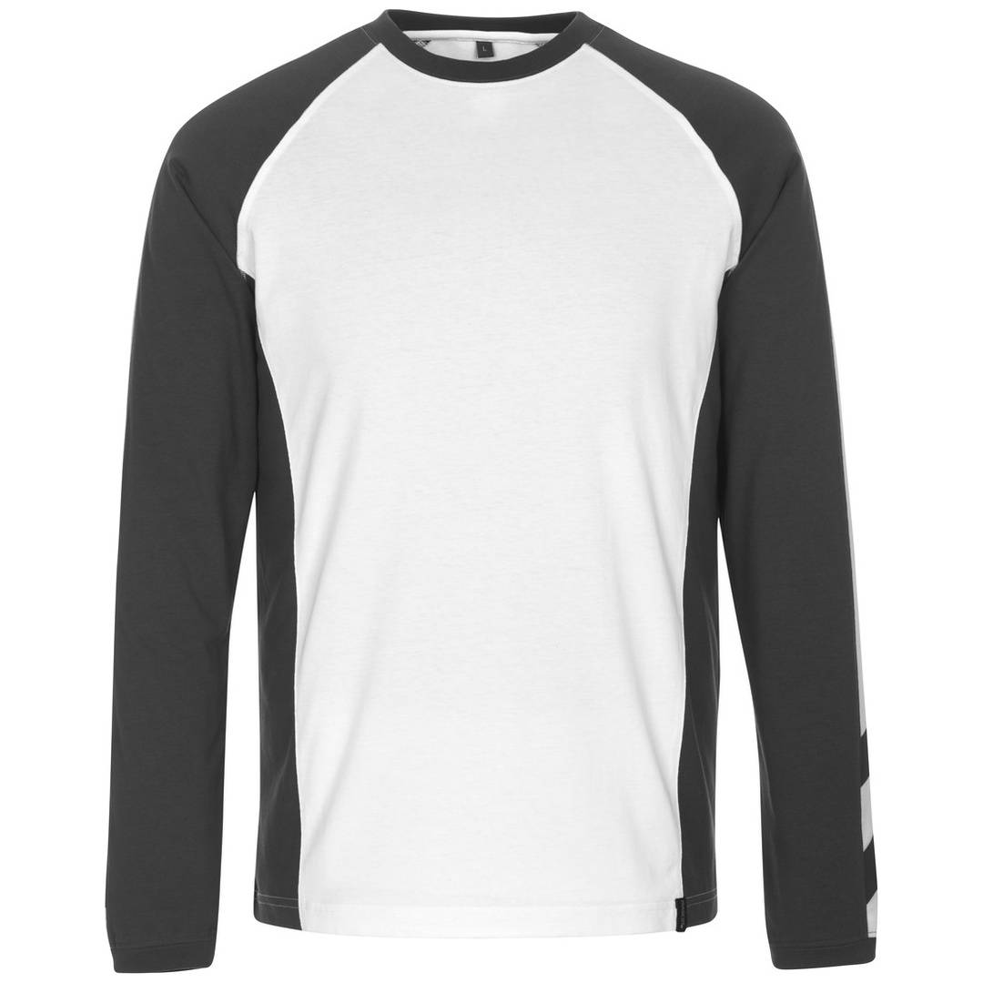 Schwarzes und weißes Langarm-Raglan-Shirt mit Rundhalsausschnitt, Vorderansicht auf einfachem Hintergrund.