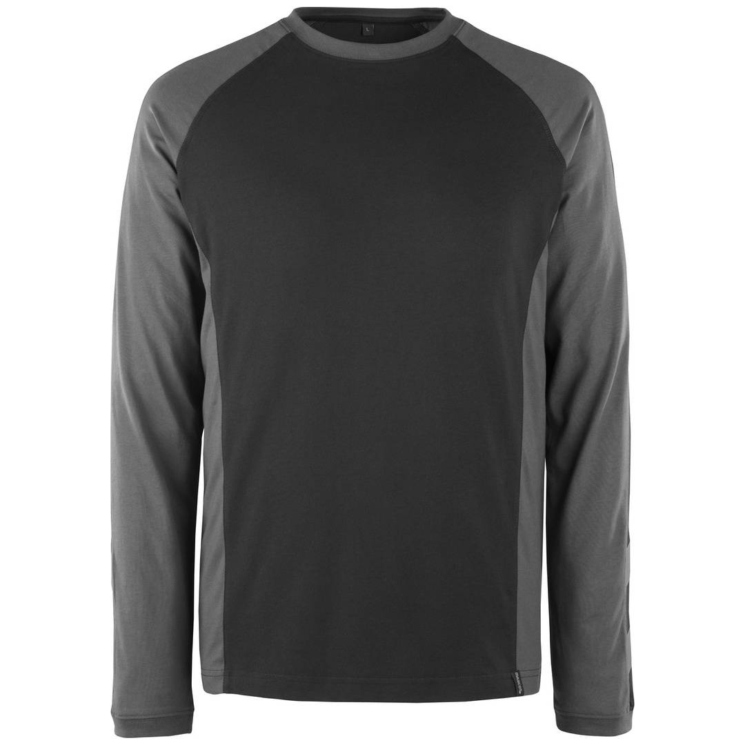 Schwarzes langärmliges Sportshirt mit dunkelgrauen Raglanärmeln, Vorderansicht auf weißem Hintergrund.