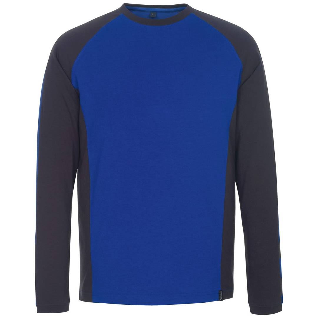 Blaues Langarmshirt mit dunkelgrauen Ärmeln, Vorderansicht auf weißem Hintergrund dargestellt.