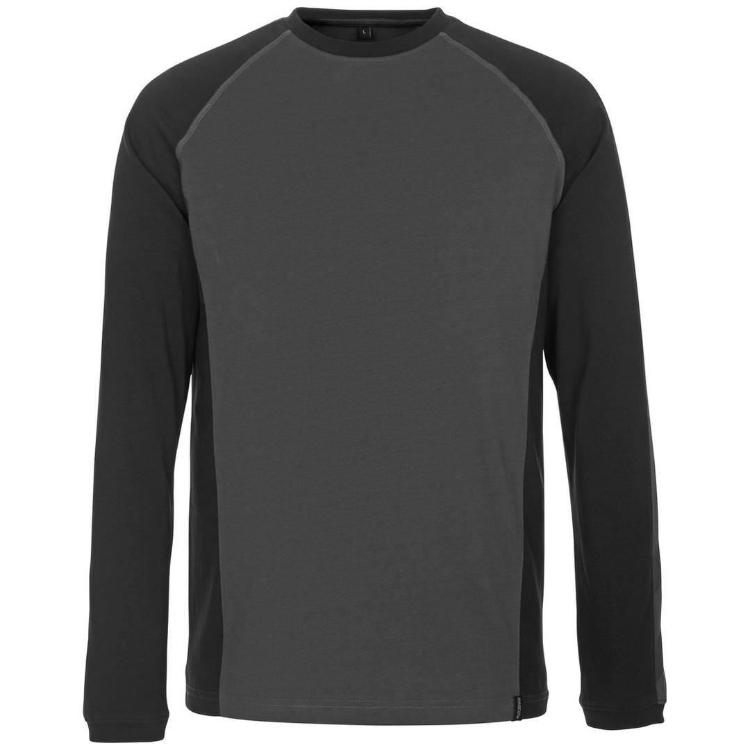 Schwarzes und graues Langarm-Raglan-Shirt mit Rundhalsausschnitt, Vorderansicht auf weißem Hintergrund.